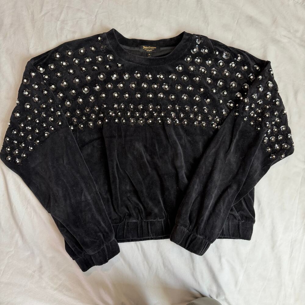 Juicy Couture Black Label, Black Velour, Jeweled, Crew Neck, Sweatshirt- M